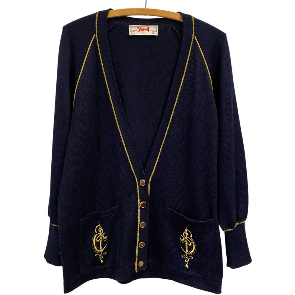 Vintage Yarell Navy Blue Cardigan Sweater Gold Trim Buttons Embroidery Women’s 8